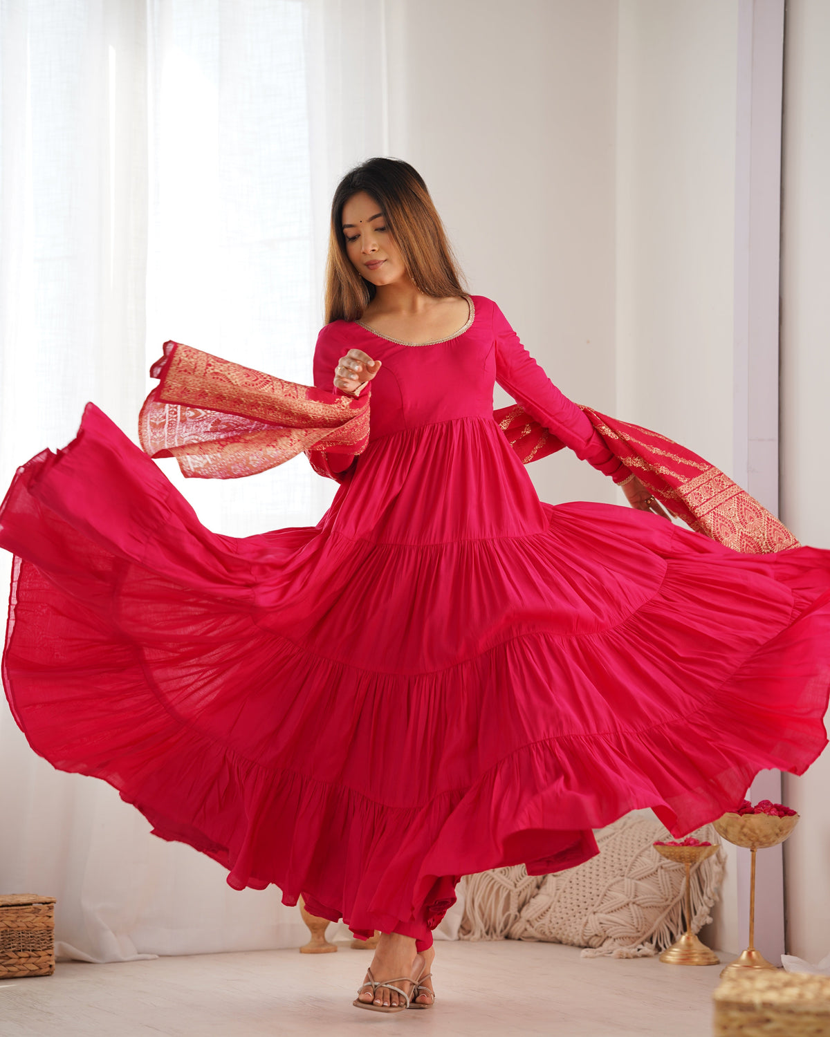 Premium Quality Roman Silk Pink Anarkali Suit Set