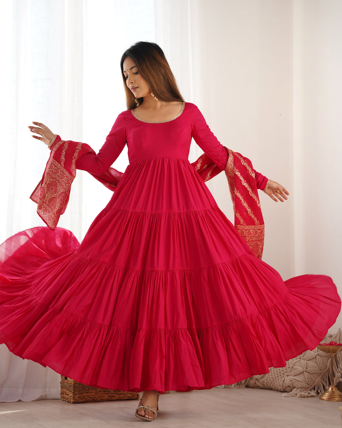 Premium Quality Roman Silk Pink Anarkali Suit Set