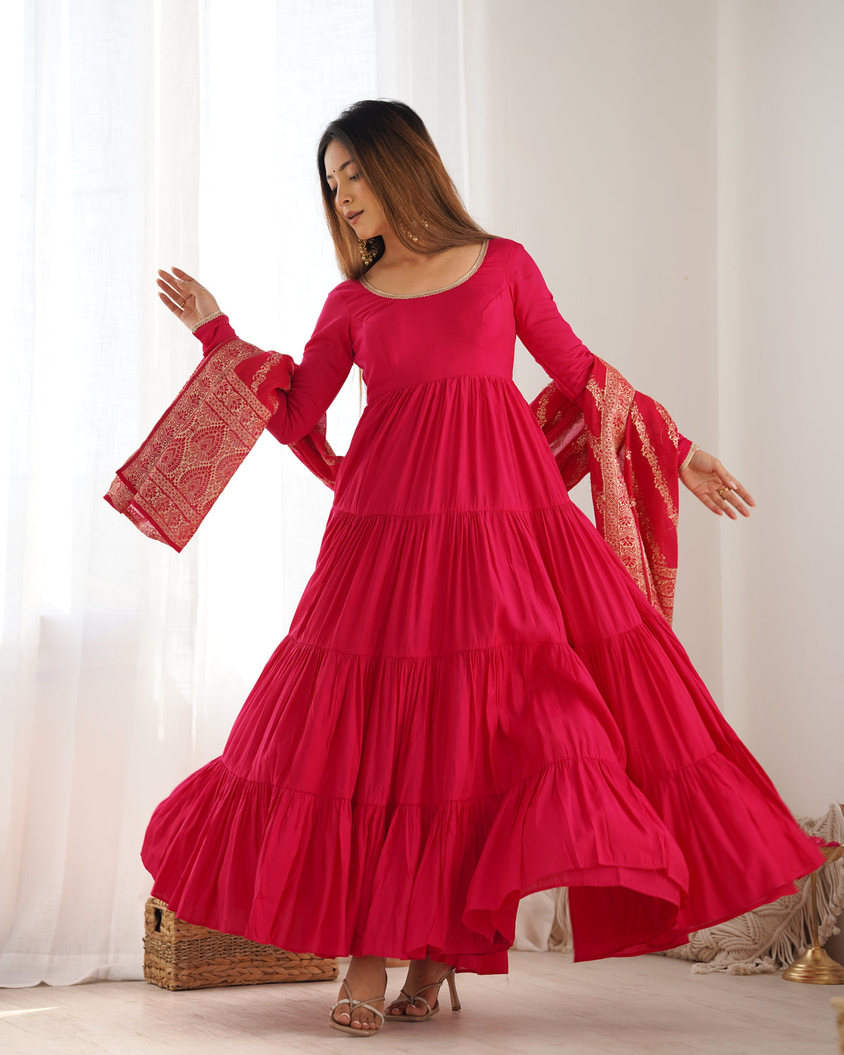 Premium Quality Roman Silk Pink Anarkali Suit Set