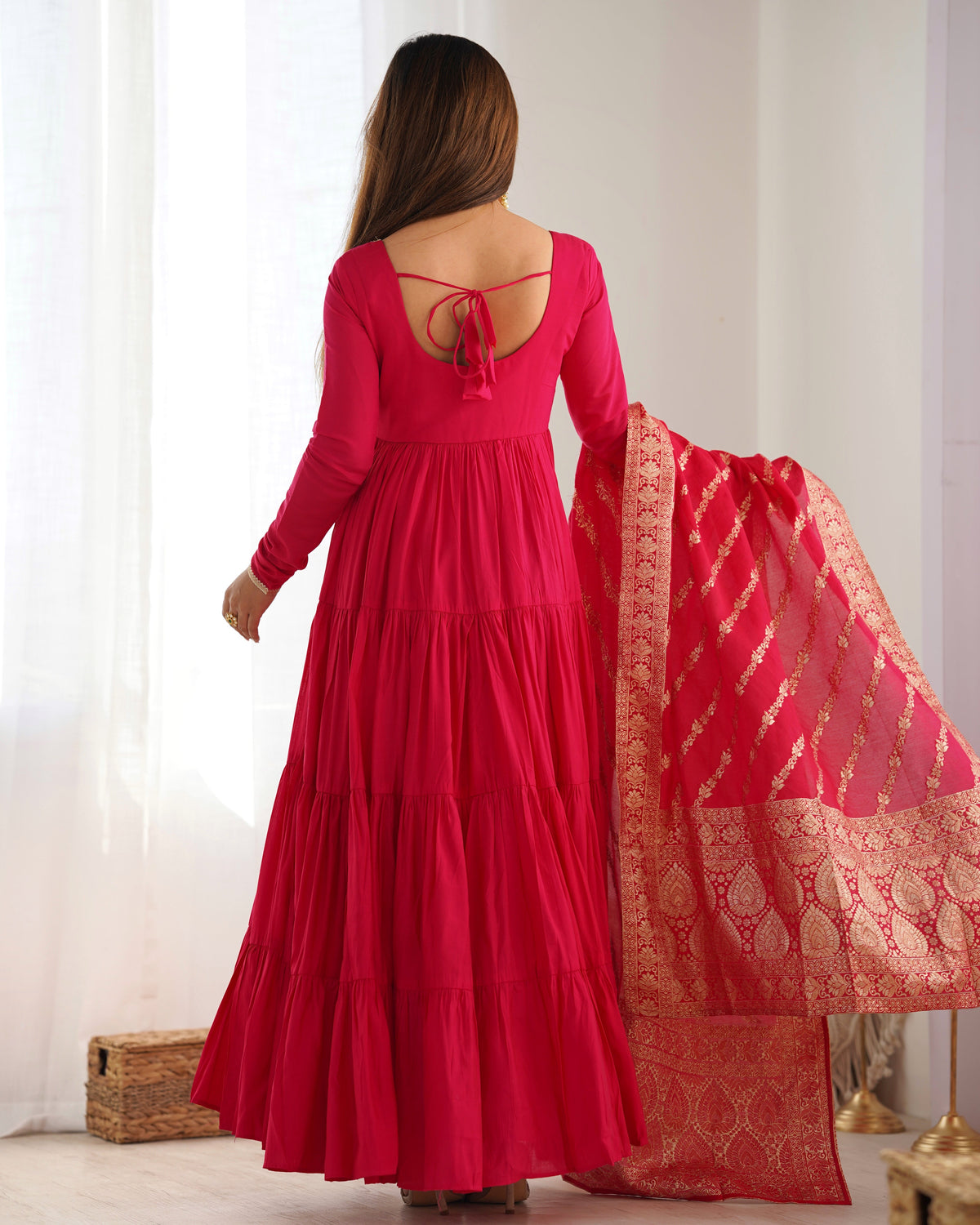 Premium Quality Roman Silk Pink Anarkali Suit Set