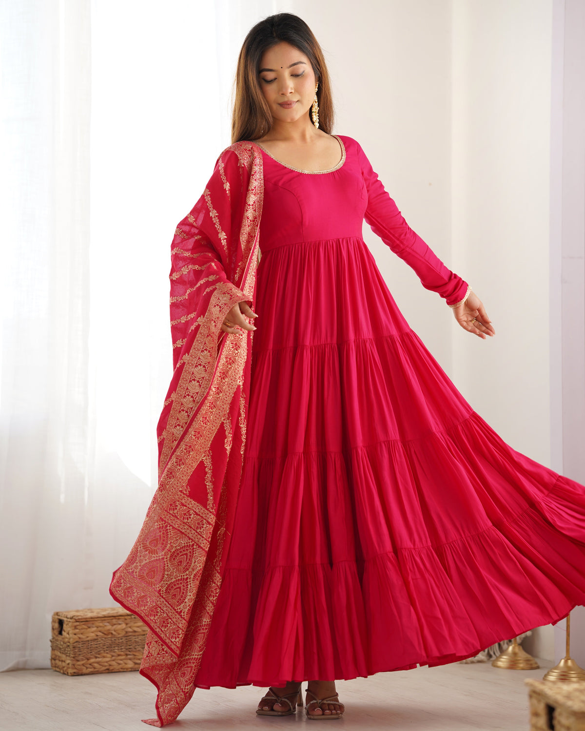 Premium Quality Roman Silk Pink Anarkali Suit Set