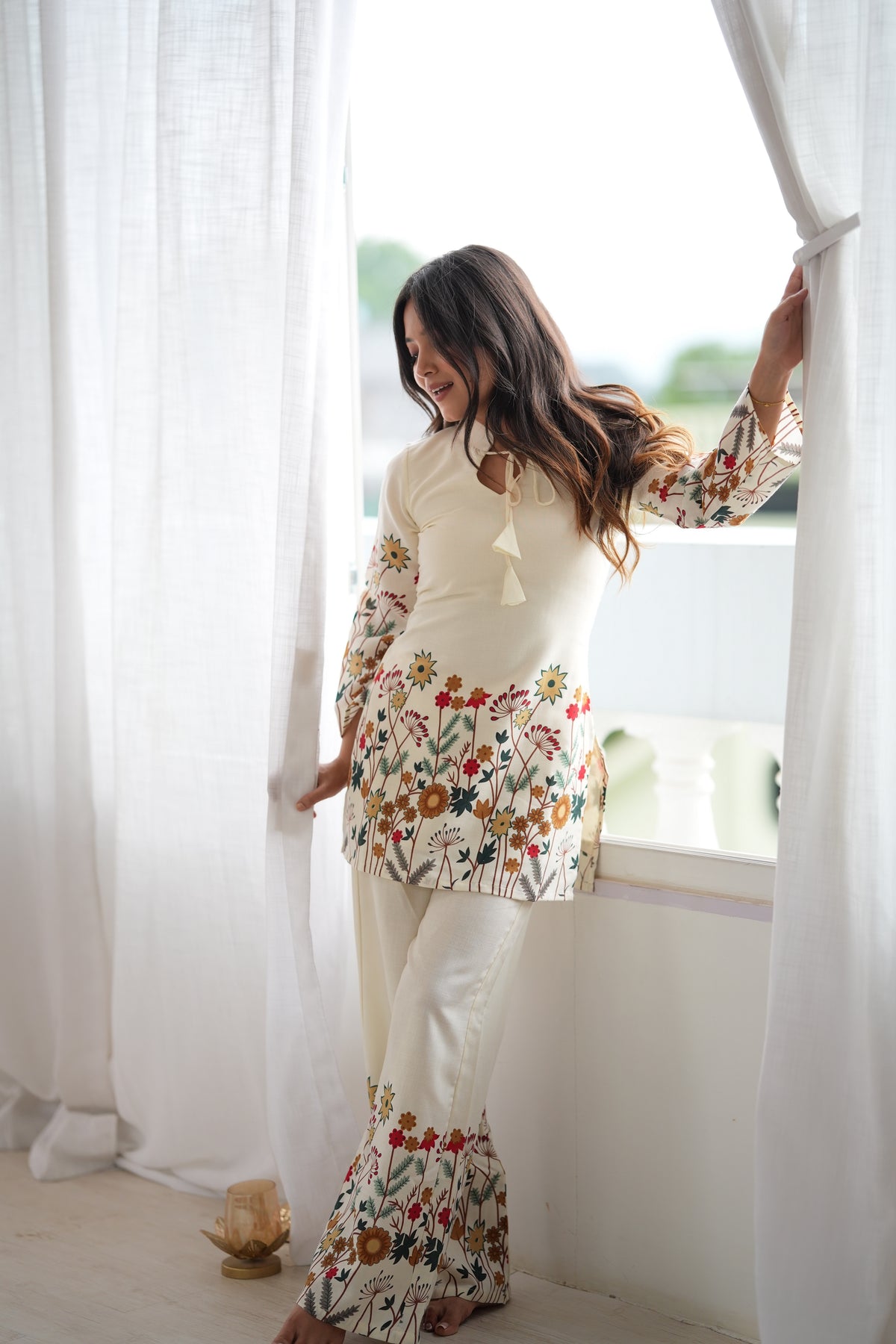 Ivory Floral Printed Magic Slub Cotton Kurta Pant Set for Women Ready to Wear Co-Ord Set