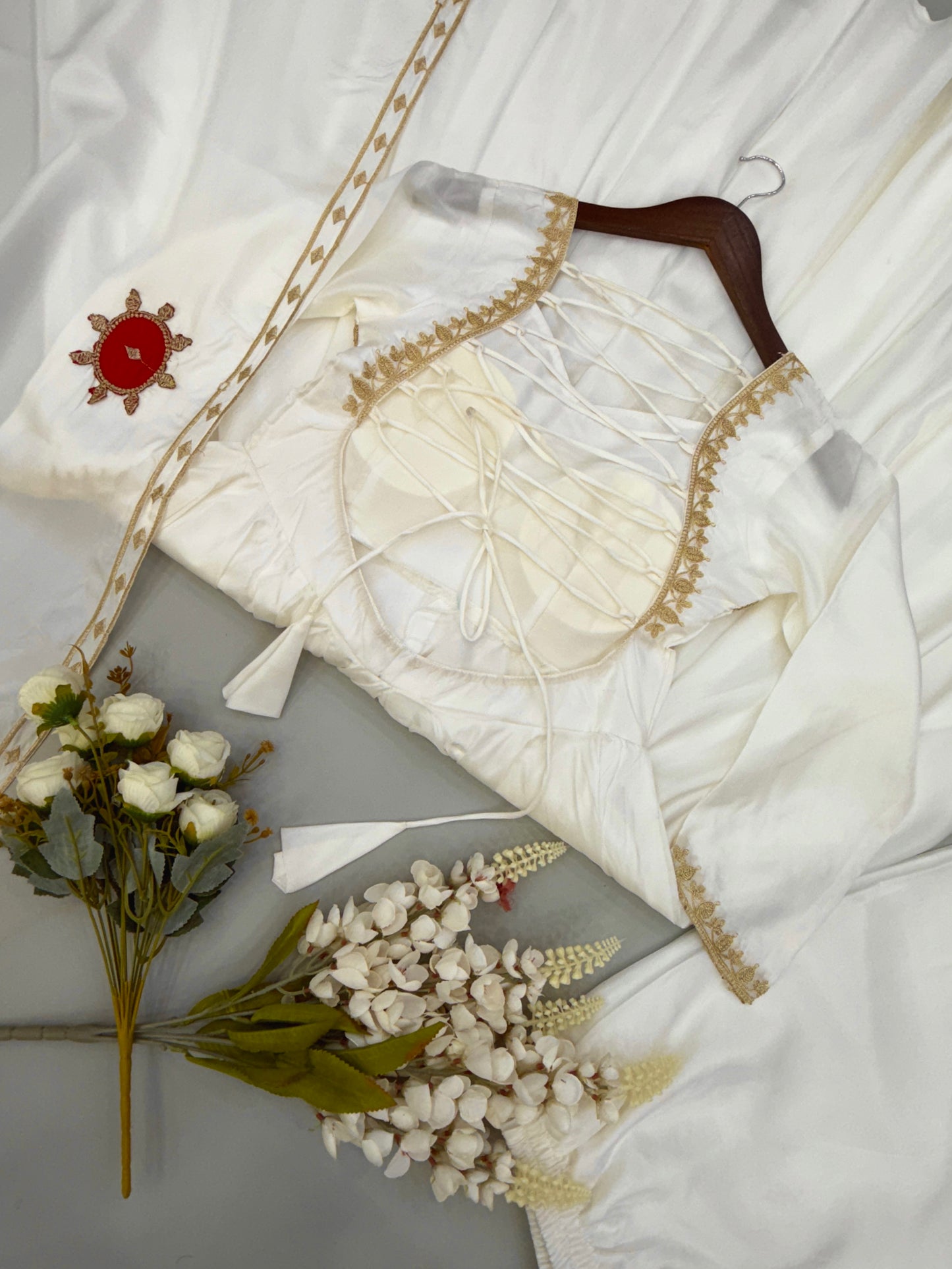 White Upada Silk Embroidered Gown Set