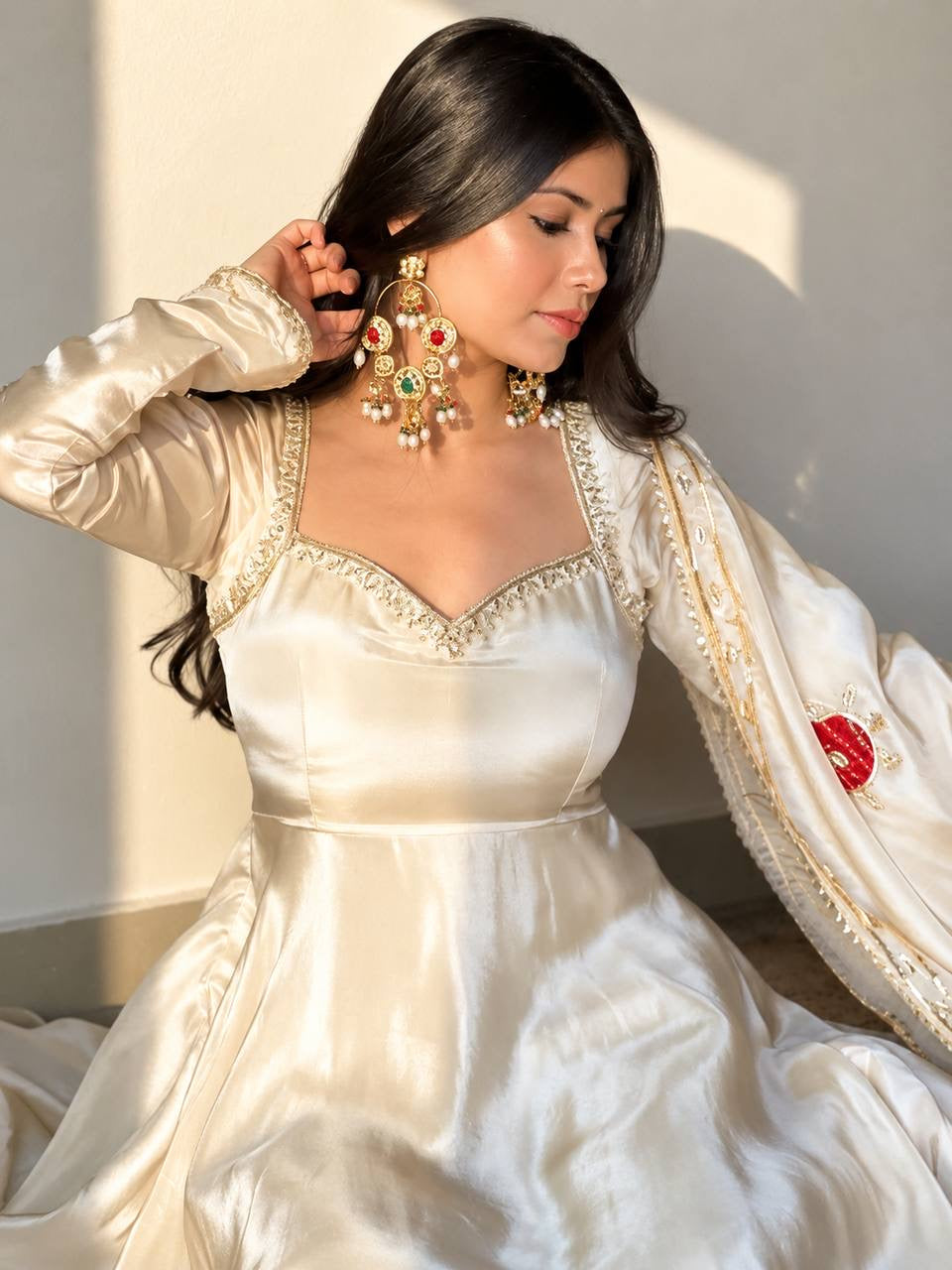 White Upada Silk Embroidered Gown Set