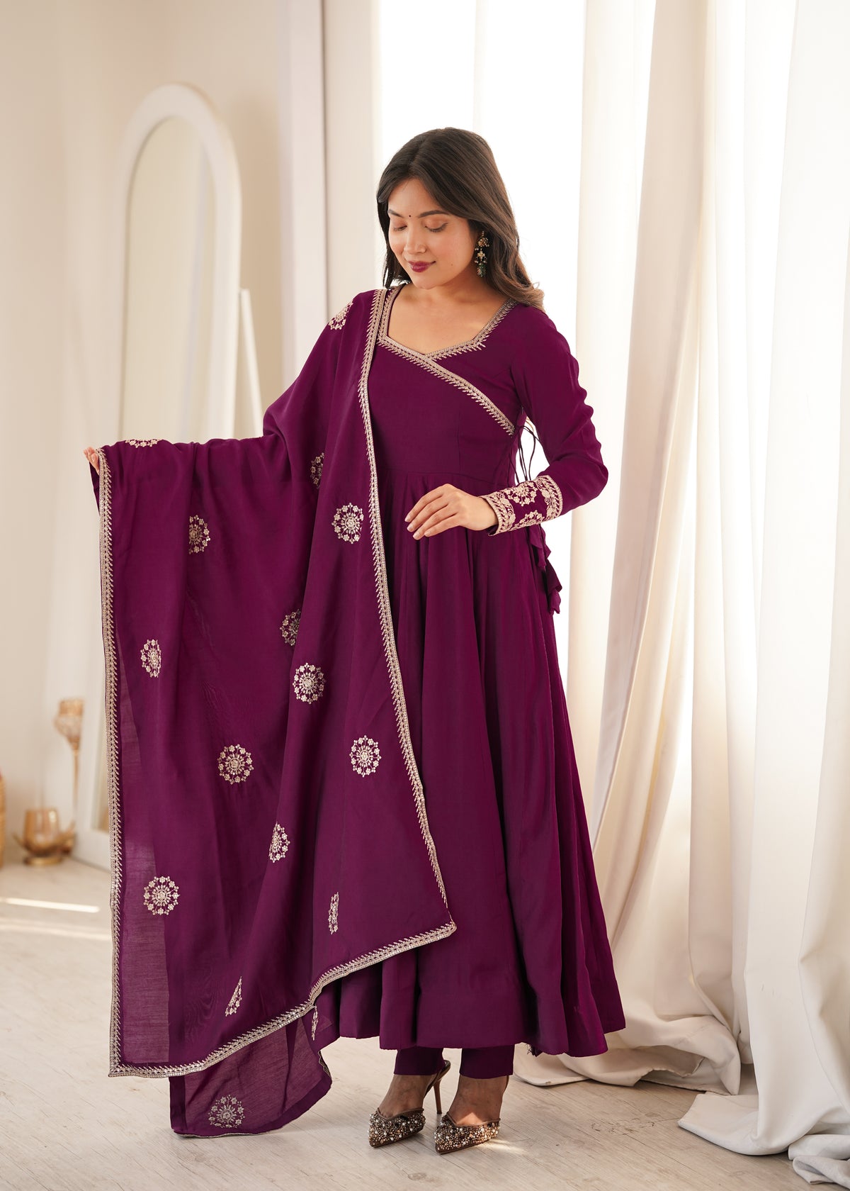 Wine Angrakha Style Chanderi Silk Anarkali Suit