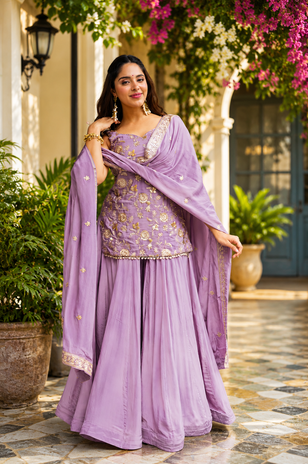 Aarohi's Lavender Diamond Silk Sharara Suit Set
