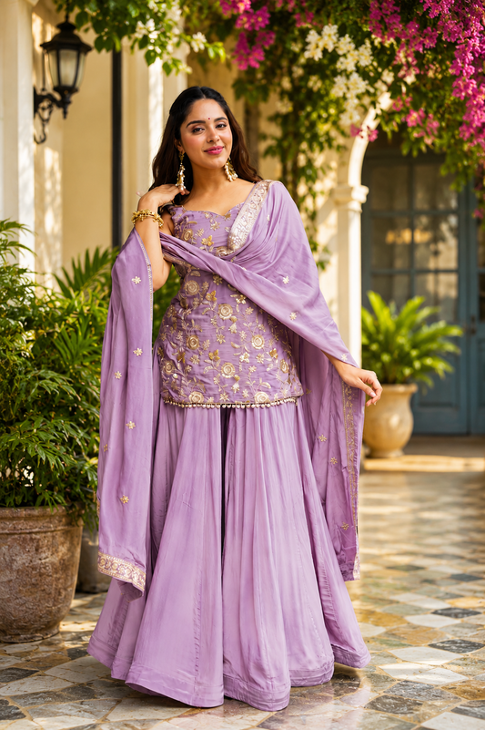 Aarohi's Lavender Diamond Silk Sharara Suit Set