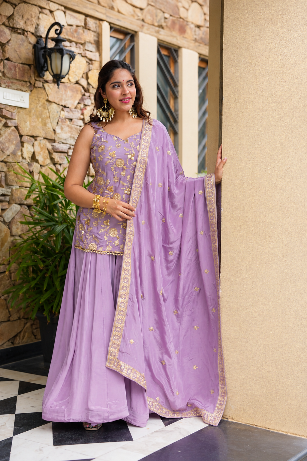 Aarohi's Lavender Diamond Silk Sharara Suit Set