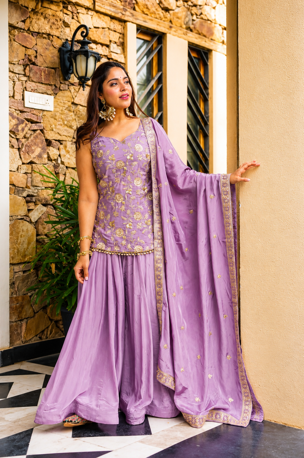 Aarohi's Lavender Diamond Silk Sharara Suit Set