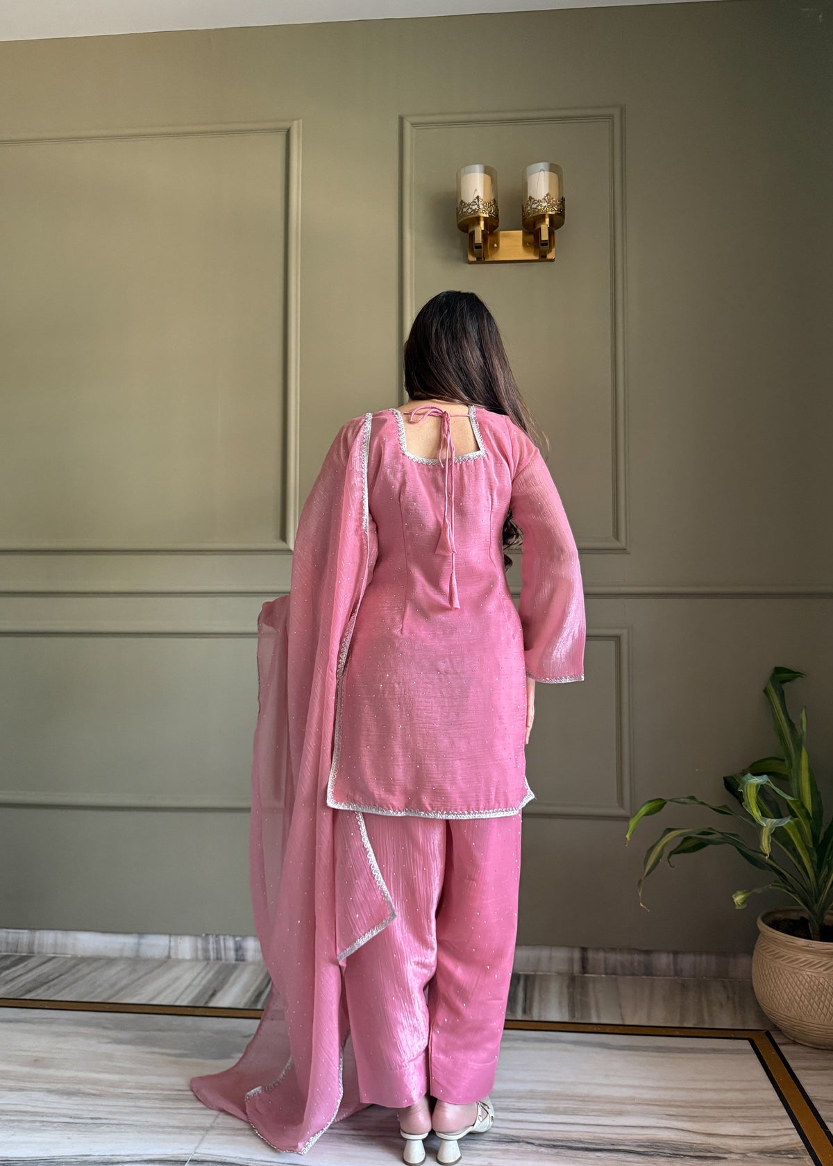 Beautiful Pure Chinon Silk Fabric Straight Fit Kurta, Dupatta With Trouser Set