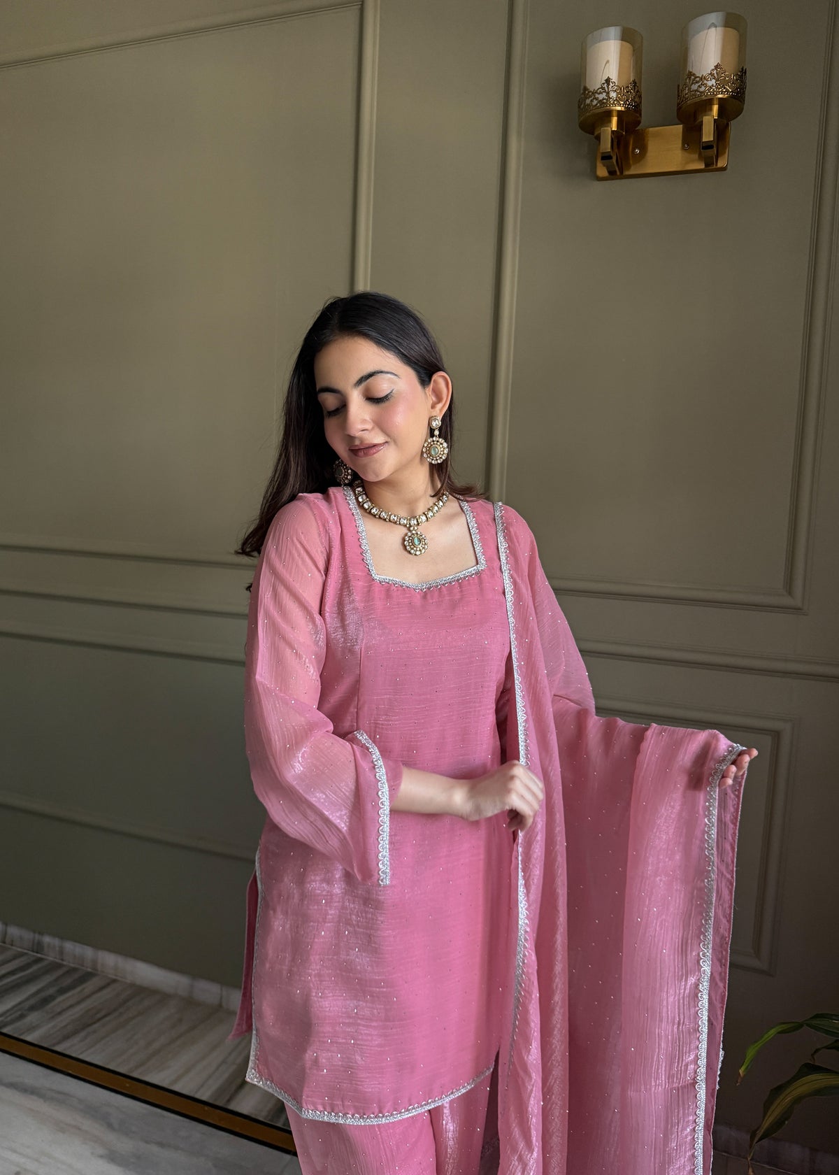 Beautiful Pure Chinon Silk Fabric Straight Fit Kurta, Dupatta With Trouser Set