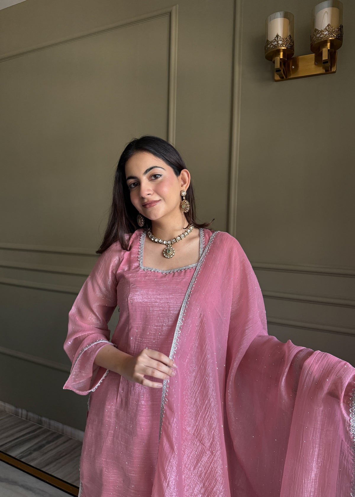 Beautiful Pure Chinon Silk Fabric Straight Fit Kurta, Dupatta With Trouser Set