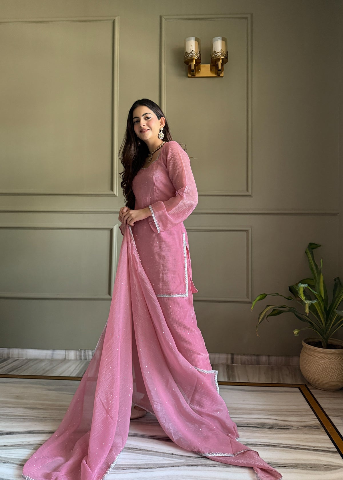 Beautiful Pure Chinon Silk Fabric Straight Fit Kurta, Dupatta With Trouser Set