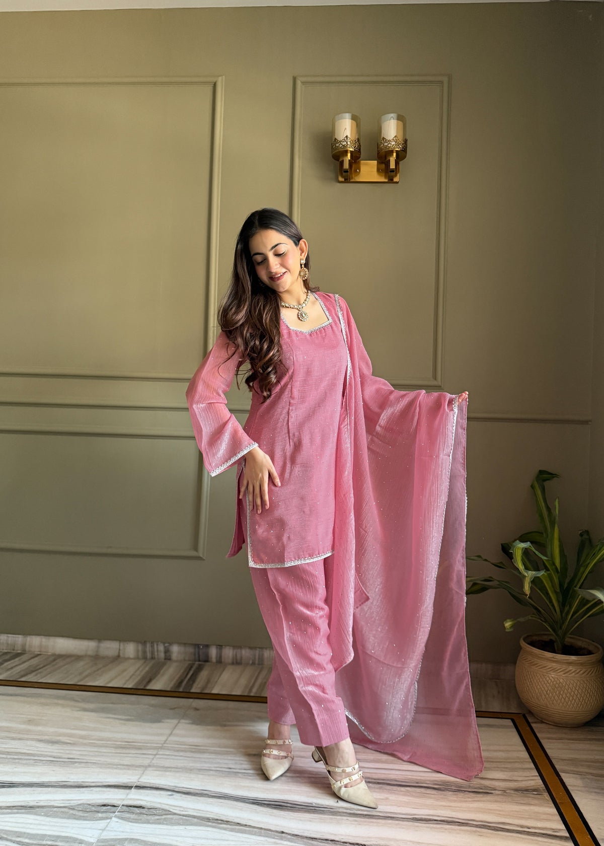 Beautiful Pure Chinon Silk Fabric Straight Fit Kurta, Dupatta With Trouser Set
