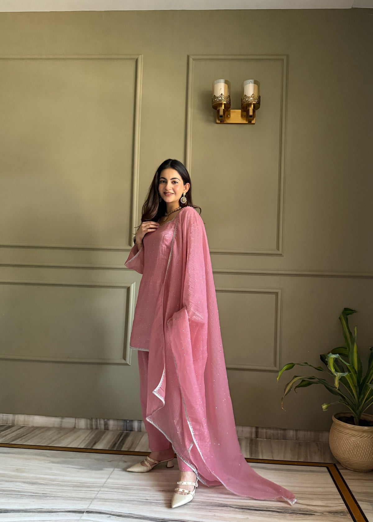 Beautiful Pure Chinon Silk Fabric Straight Fit Kurta, Dupatta With Trouser Set