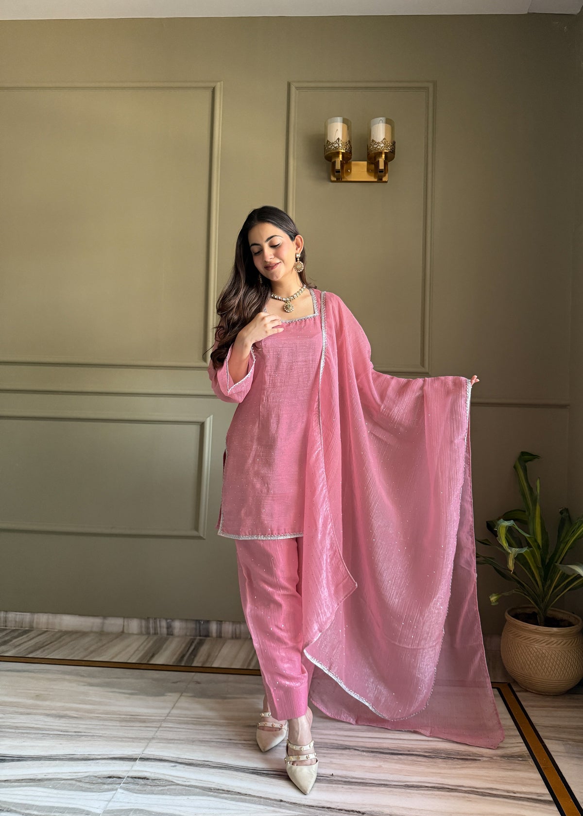 Beautiful Pure Chinon Silk Fabric Straight Fit Kurta, Dupatta With Trouser Set