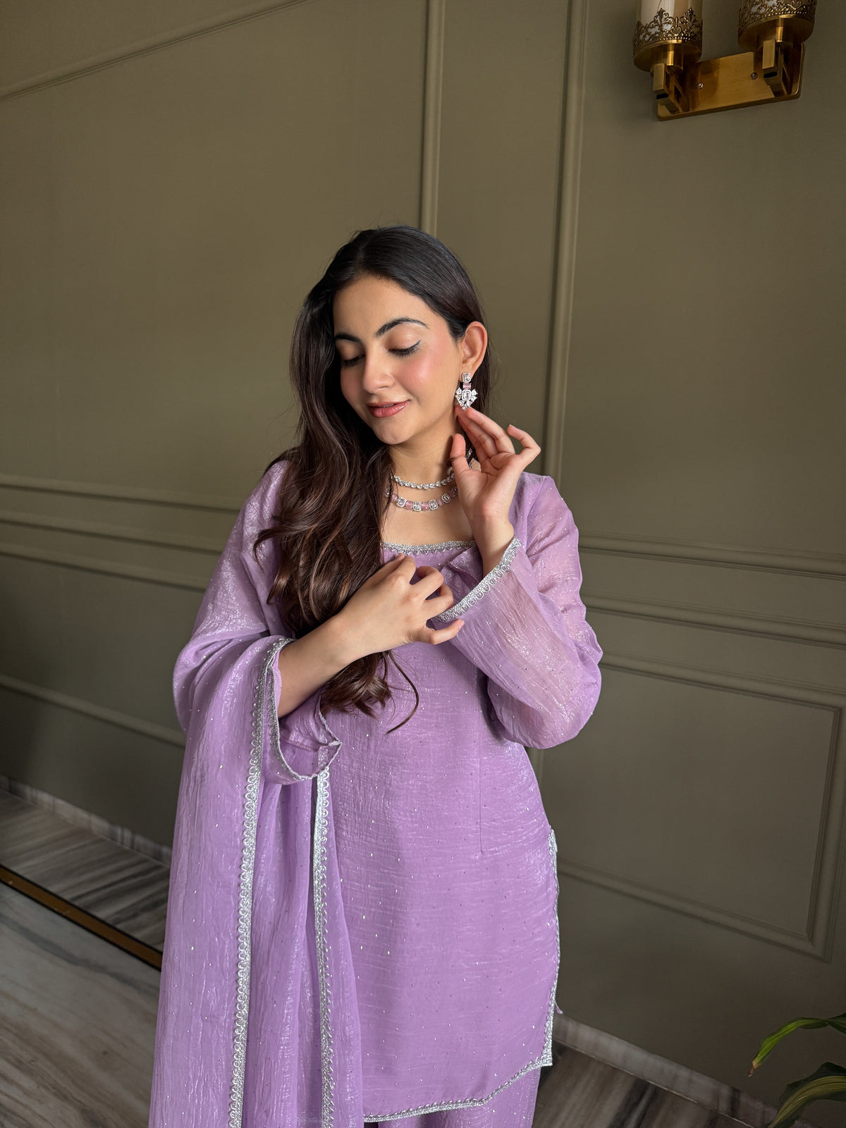 Beautiful Pure Chinon Silk Fabric Straight Fit Kurta, Dupatta With Trouser Set