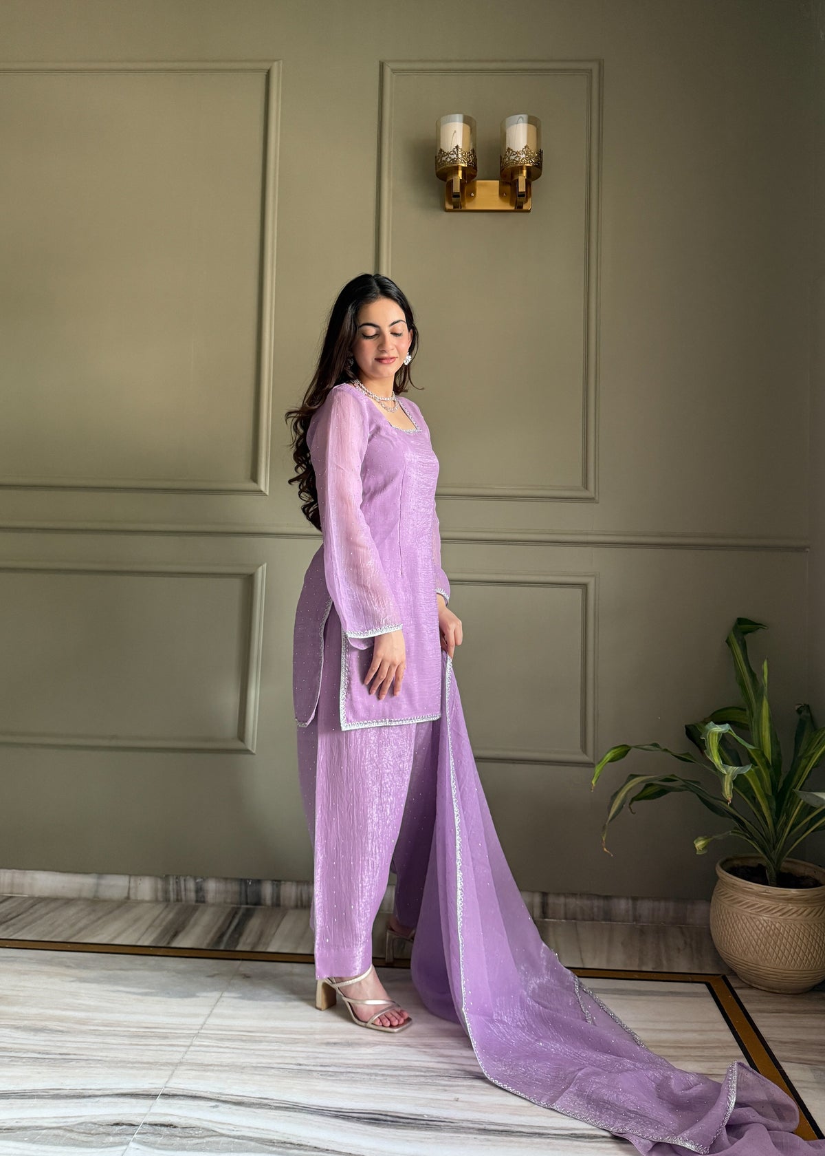 Beautiful Pure Chinon Silk Fabric Straight Fit Kurta, Dupatta With Trouser Set