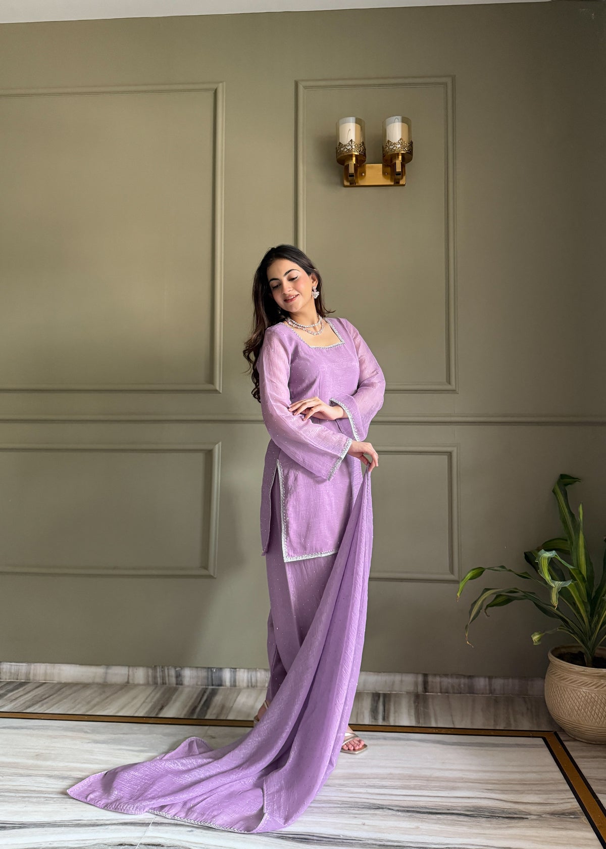 Beautiful Pure Chinon Silk Fabric Straight Fit Kurta, Dupatta With Trouser Set