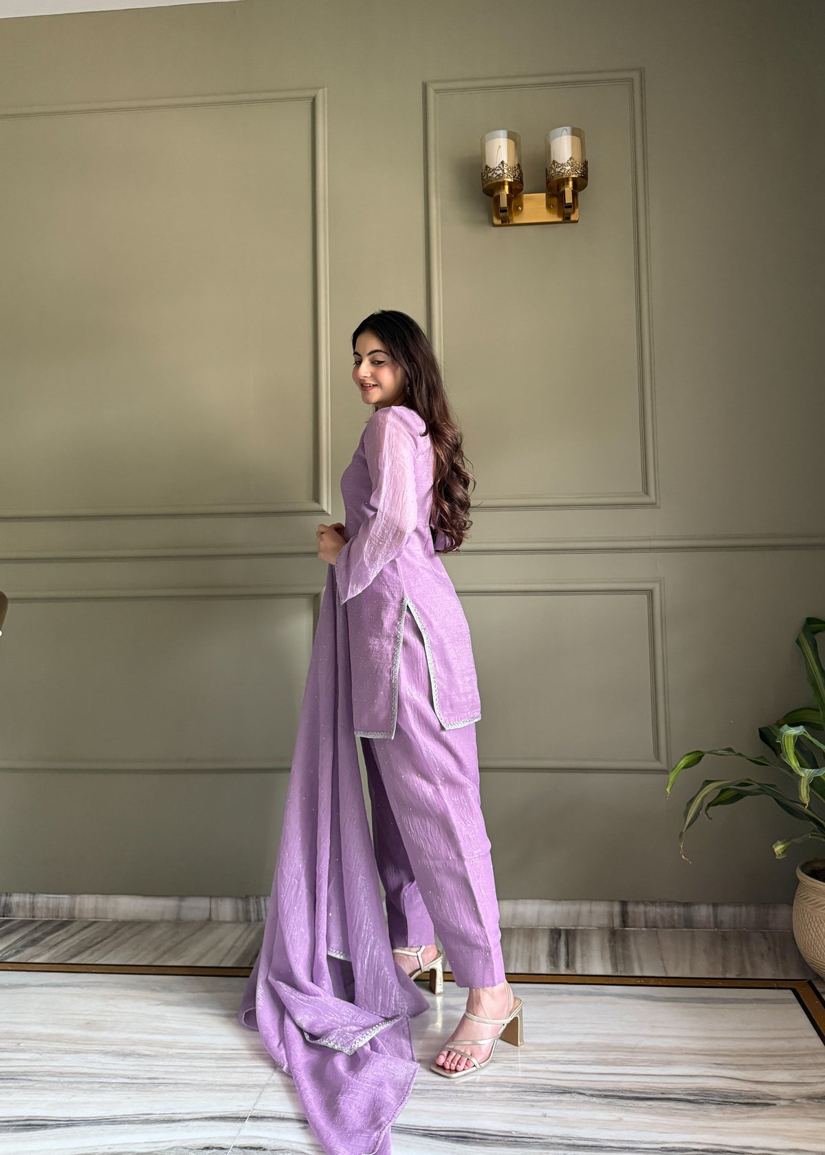 Beautiful Pure Chinon Silk Fabric Straight Fit Kurta, Dupatta With Trouser Set