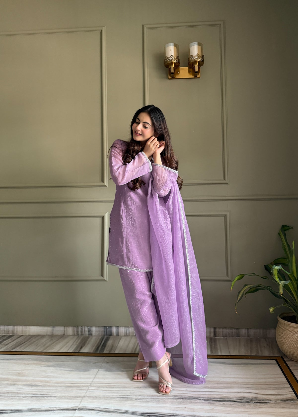 Beautiful Pure Chinon Silk Fabric Straight Fit Kurta, Dupatta With Trouser Set