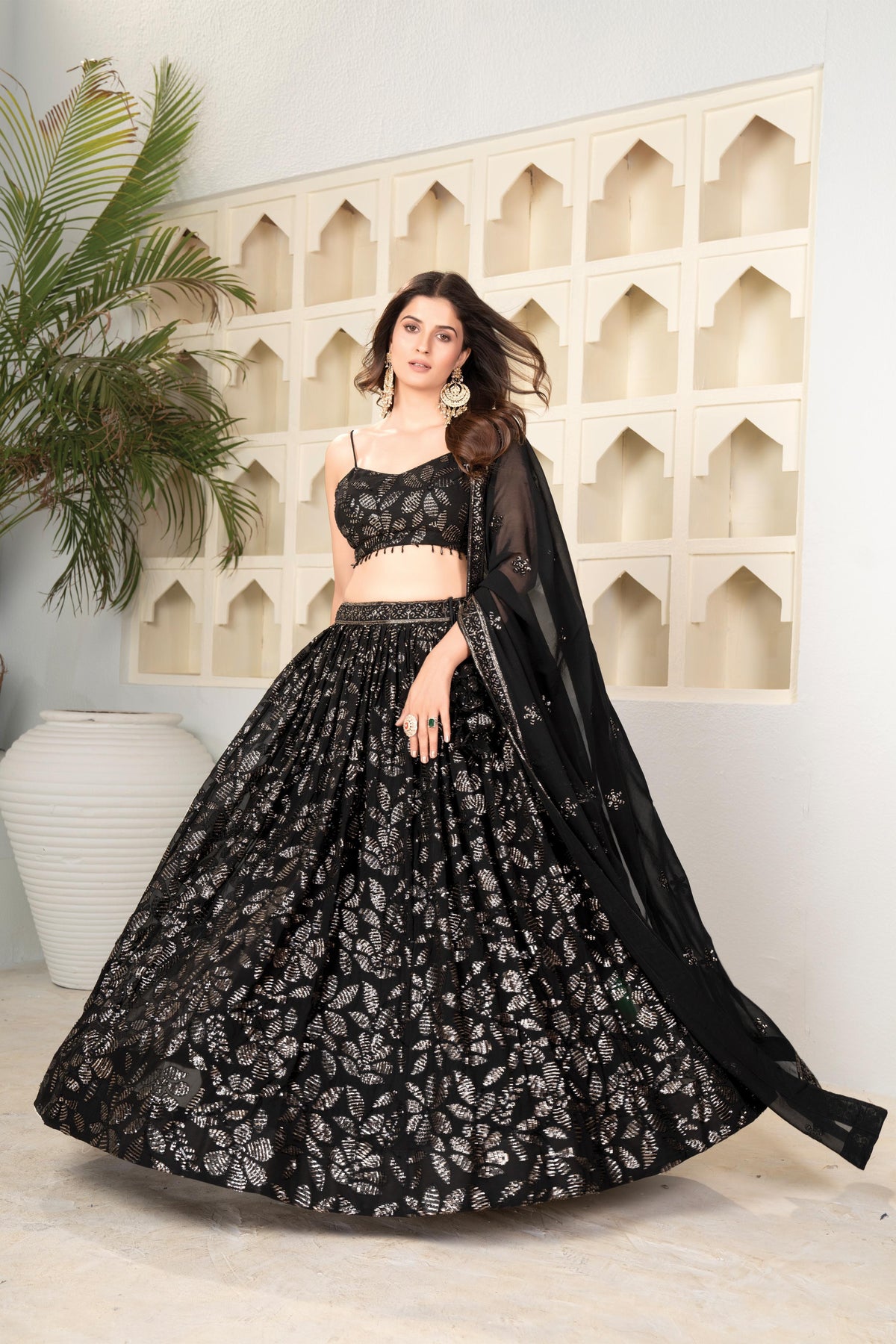 Designer Black Faux Blooming Sequin Work Lehenga Choli