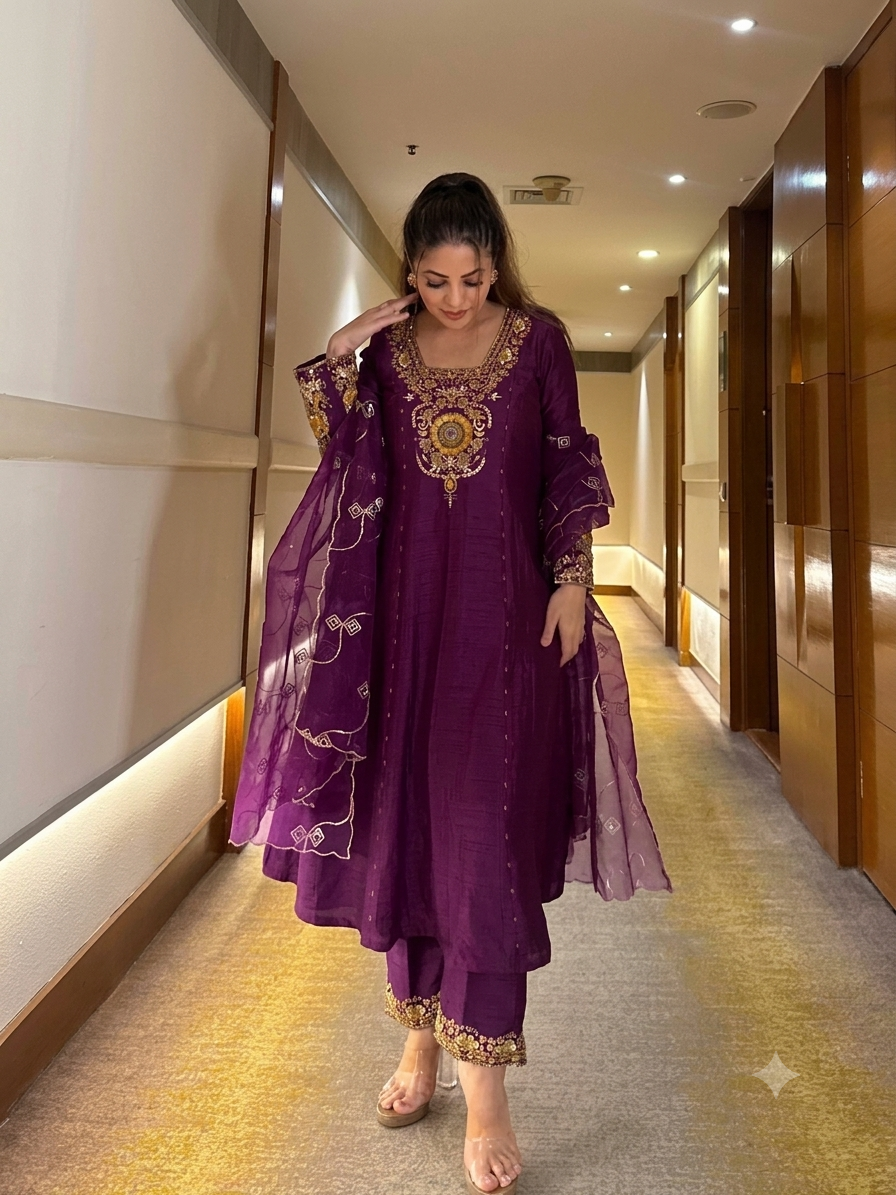 Royal Vichitra Silk Heavy Embroidered Anarkali Suit Set