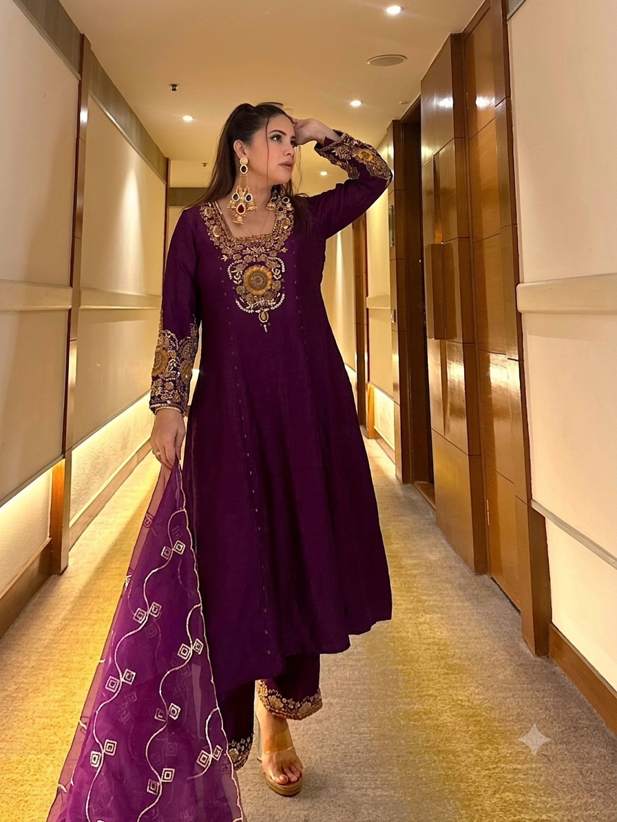 Royal Vichitra Silk Heavy Embroidered Anarkali Suit Set