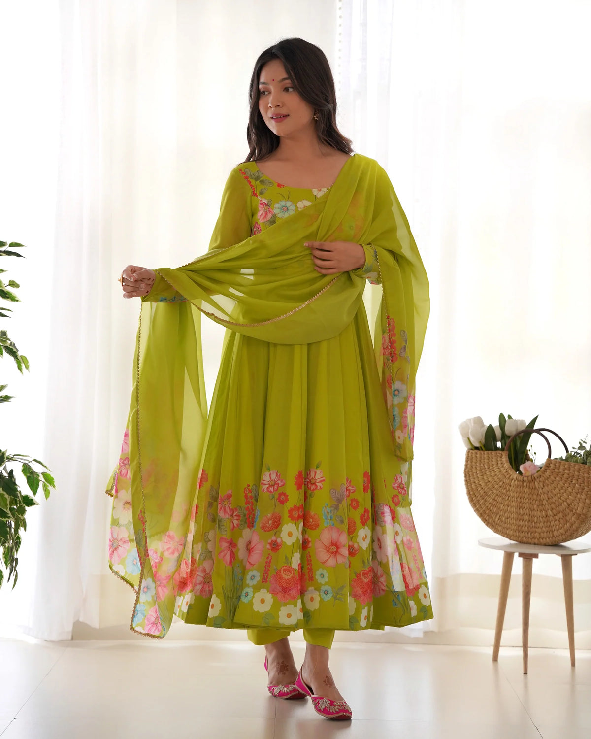 PRINTED ORGANZA ANARKALI SUIT SET WITH JARI WORK