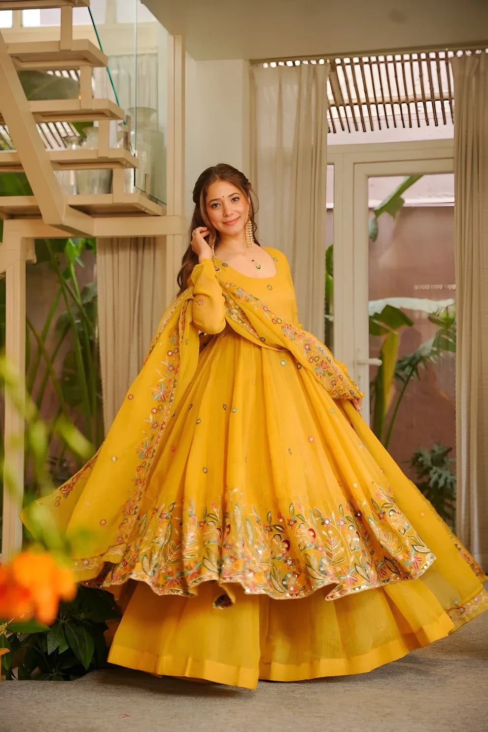 Minaxi's Festive Special Yellow Flared Anarkali Suit Set