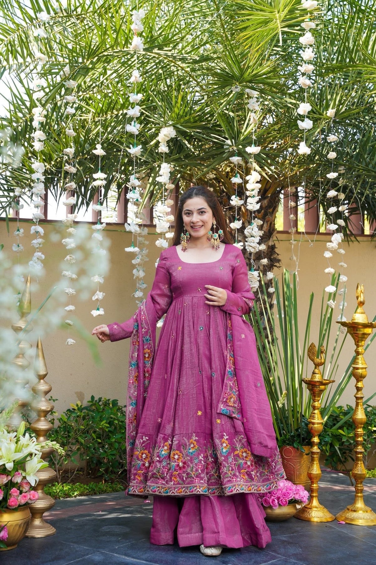Dusty Rose Shades Crunchy Silk Anarkali Plazo Suit Set