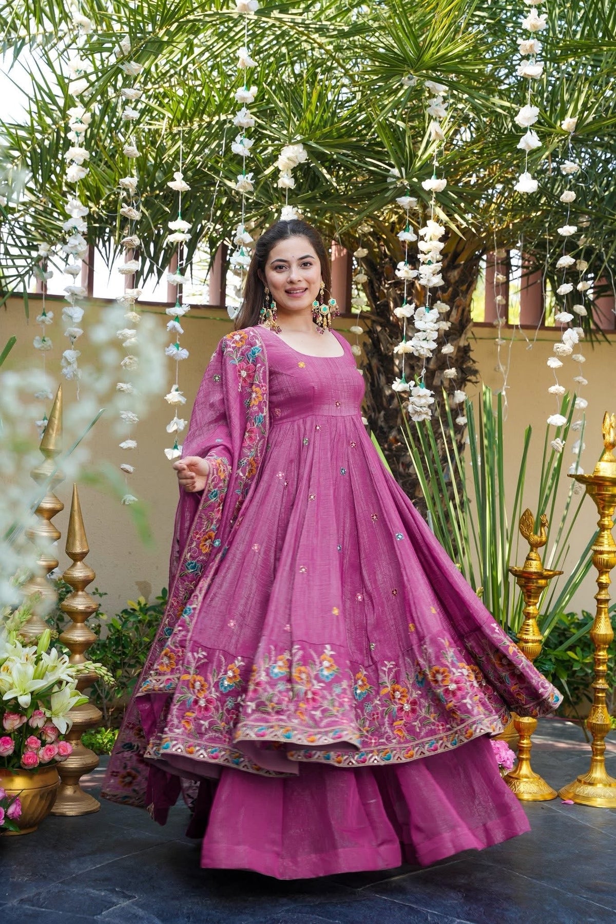 Dusty Rose Shades Crunchy Silk Anarkali Plazo Suit Set