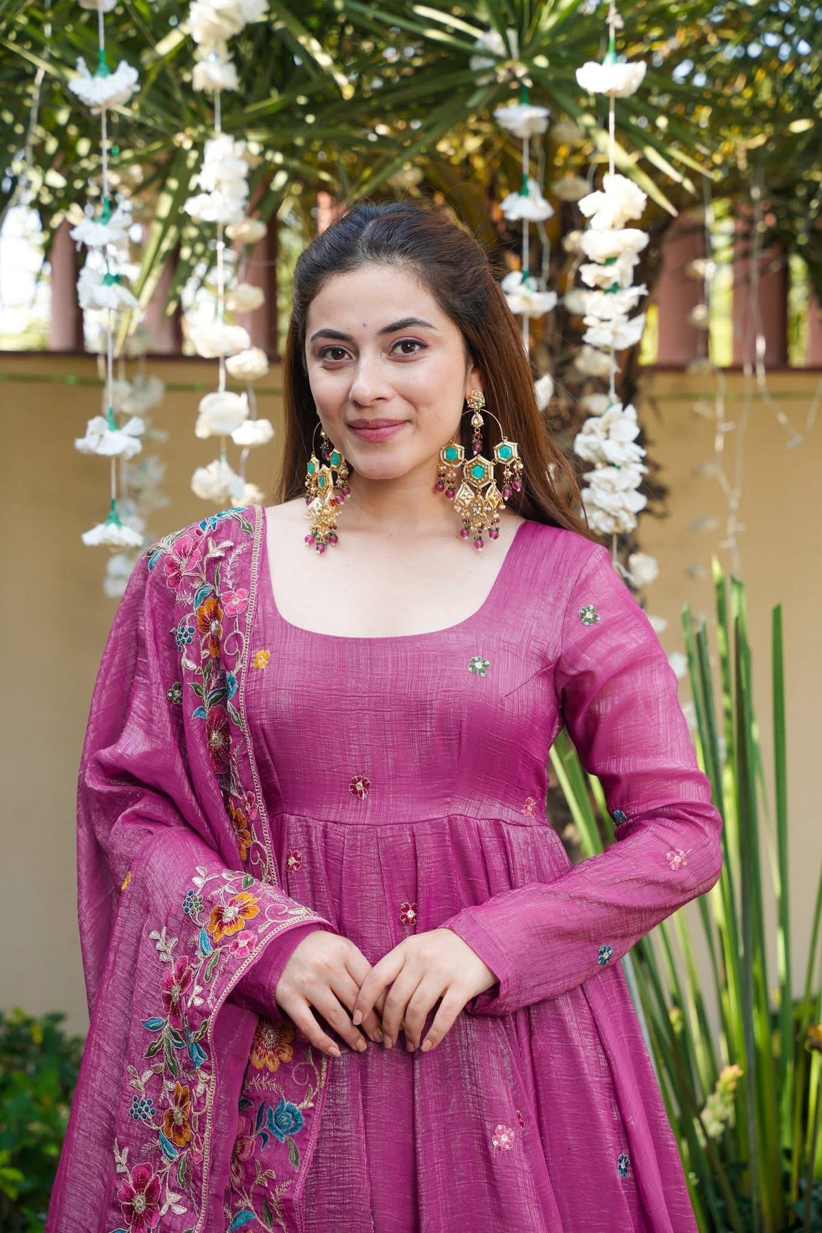 Dusty Rose Shades Crunchy Silk Anarkali Plazo Suit Set