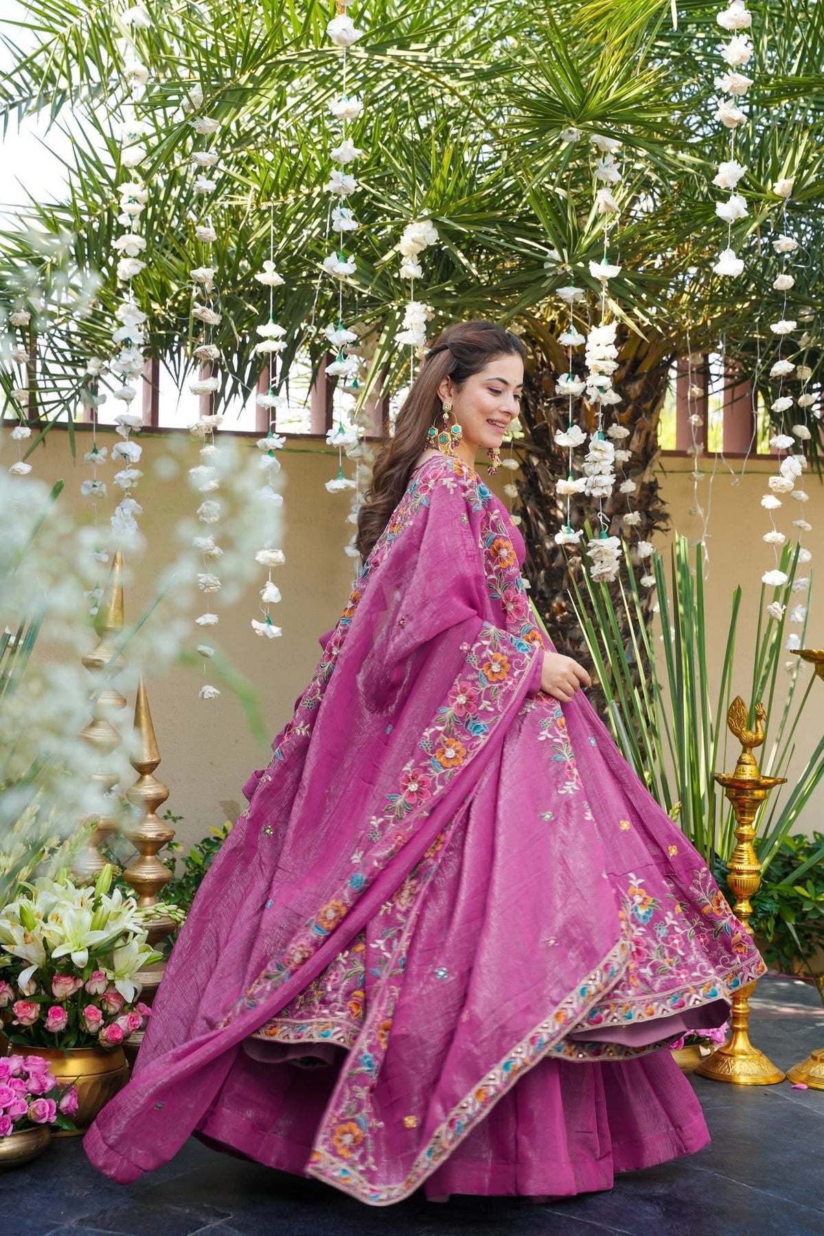 Dusty Rose Shades Crunchy Silk Anarkali Plazo Suit Set