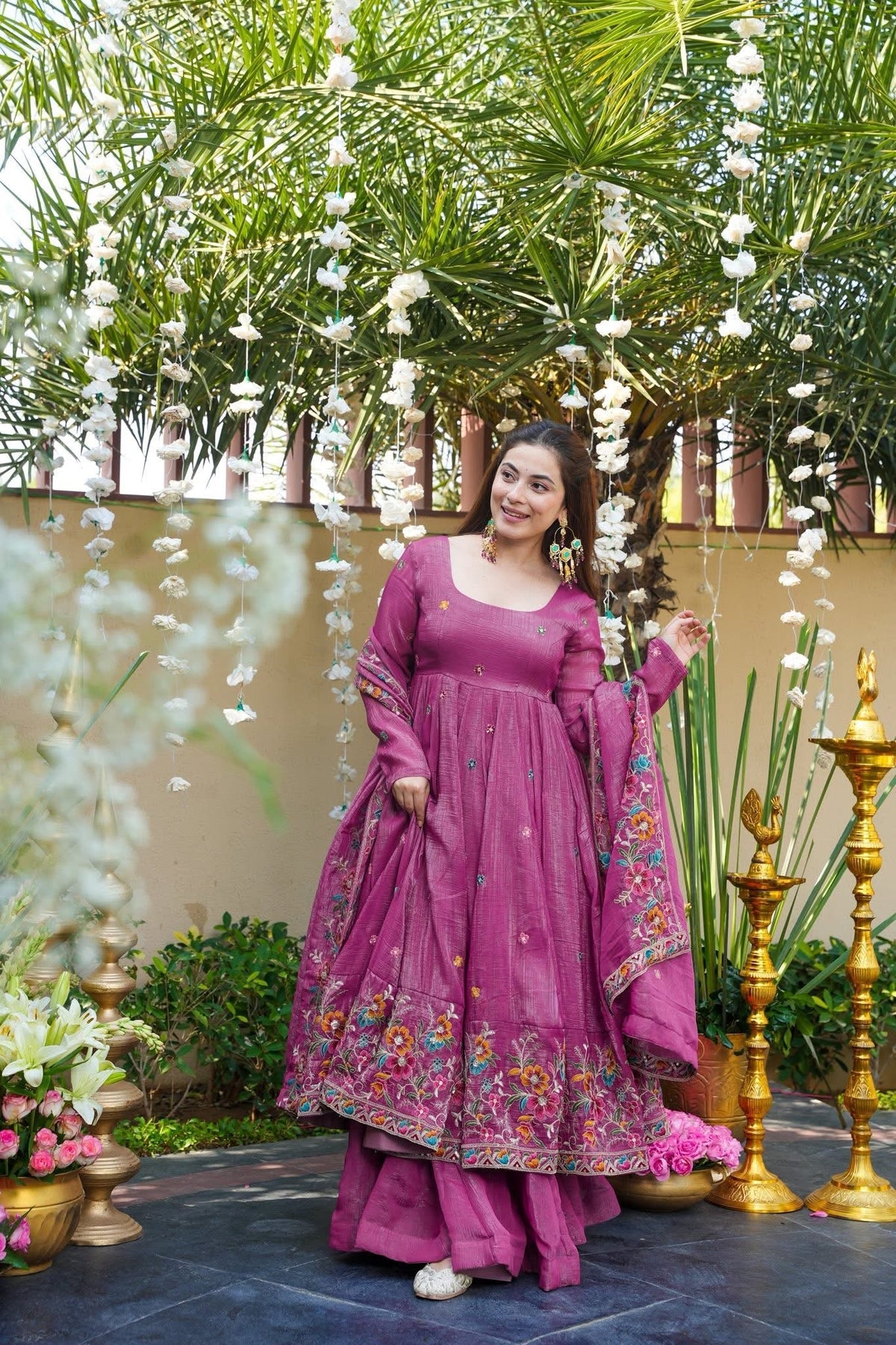 Dusty Rose Shades Crunchy Silk Anarkali Plazo Suit Set