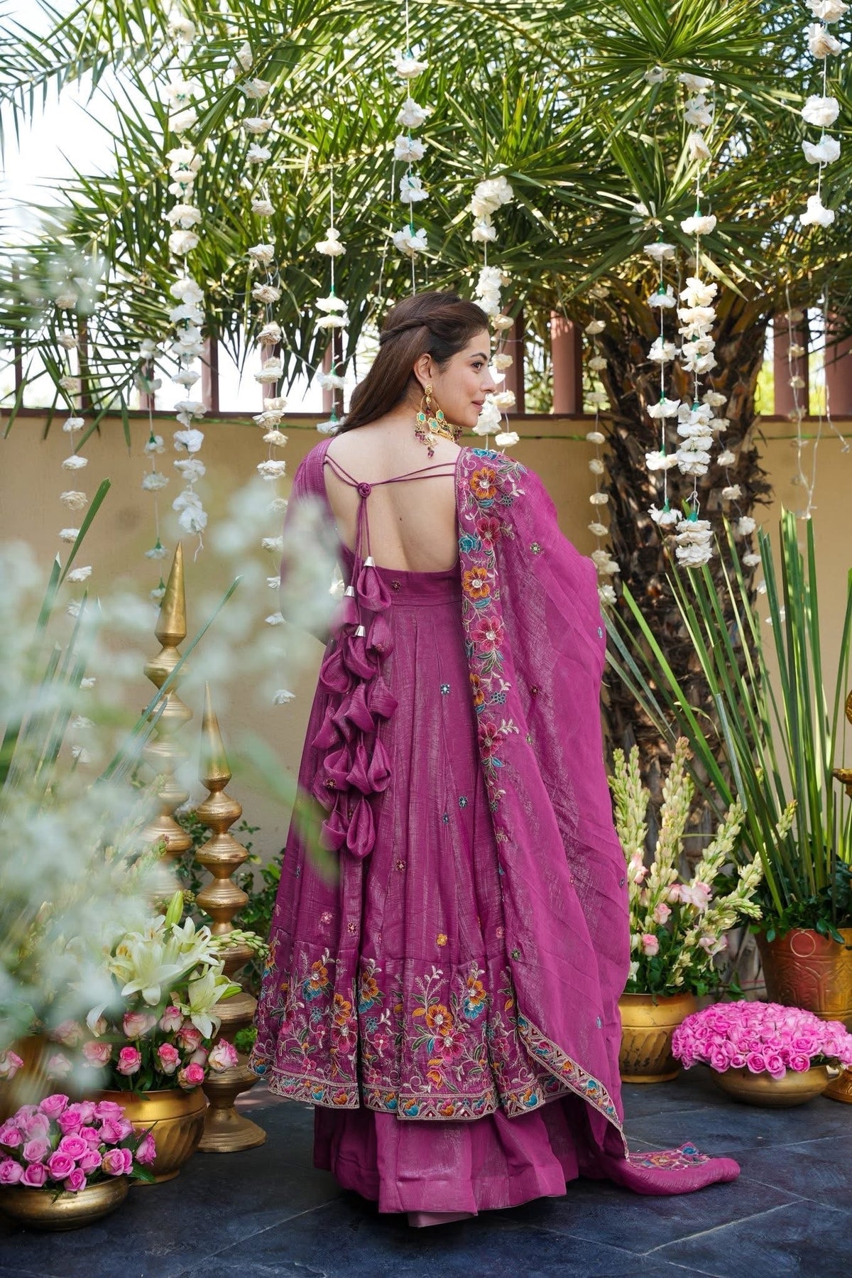 Dusty Rose Shades Crunchy Silk Anarkali Plazo Suit Set