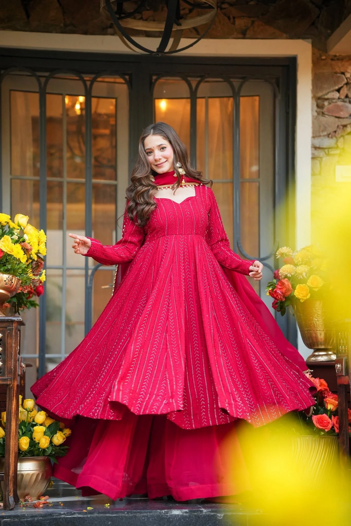 Piink Shades Lakhnavi Embroidered Work Anarkali Suit Set