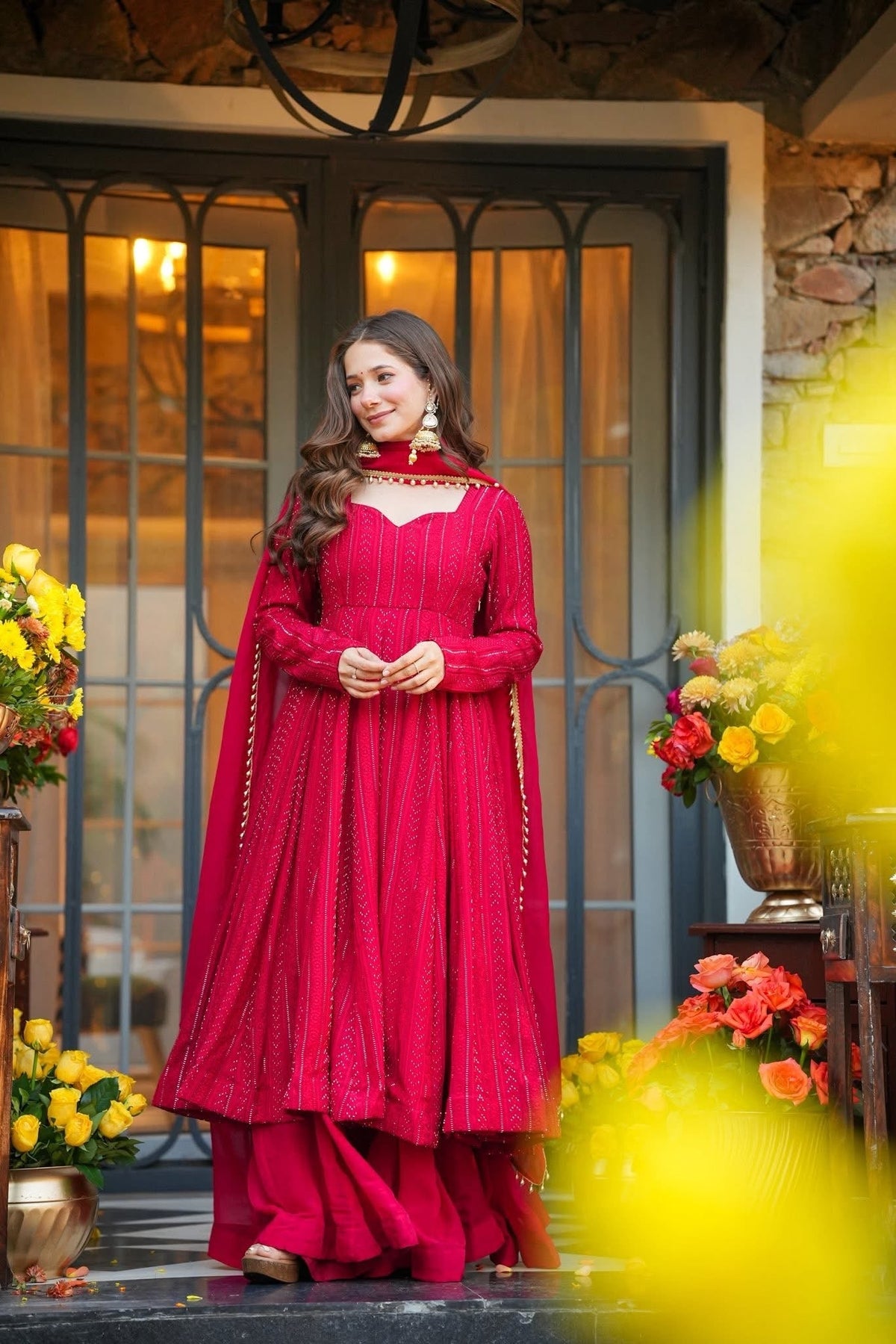 Piink Shades Lakhnavi Embroidered Work Anarkali Suit Set
