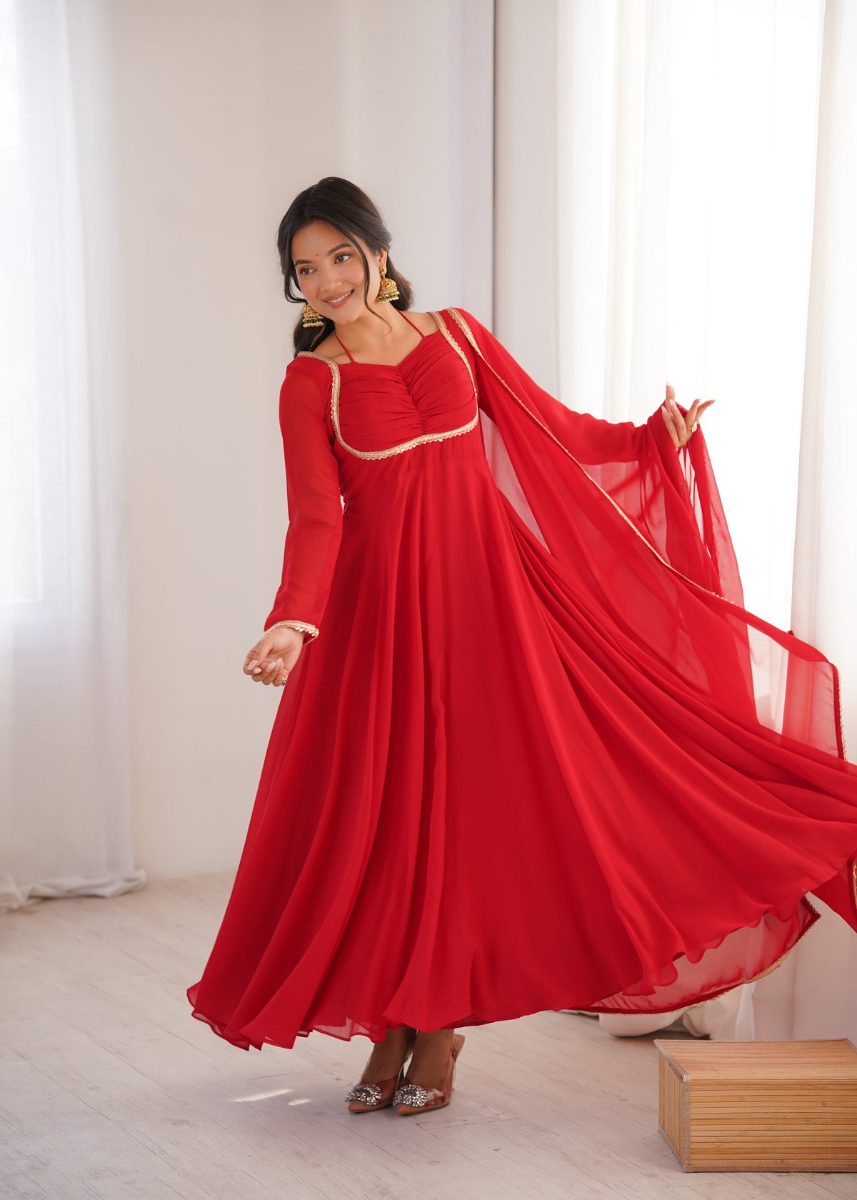 Premium Quality Blue shades And Red Anarkali Suit Set