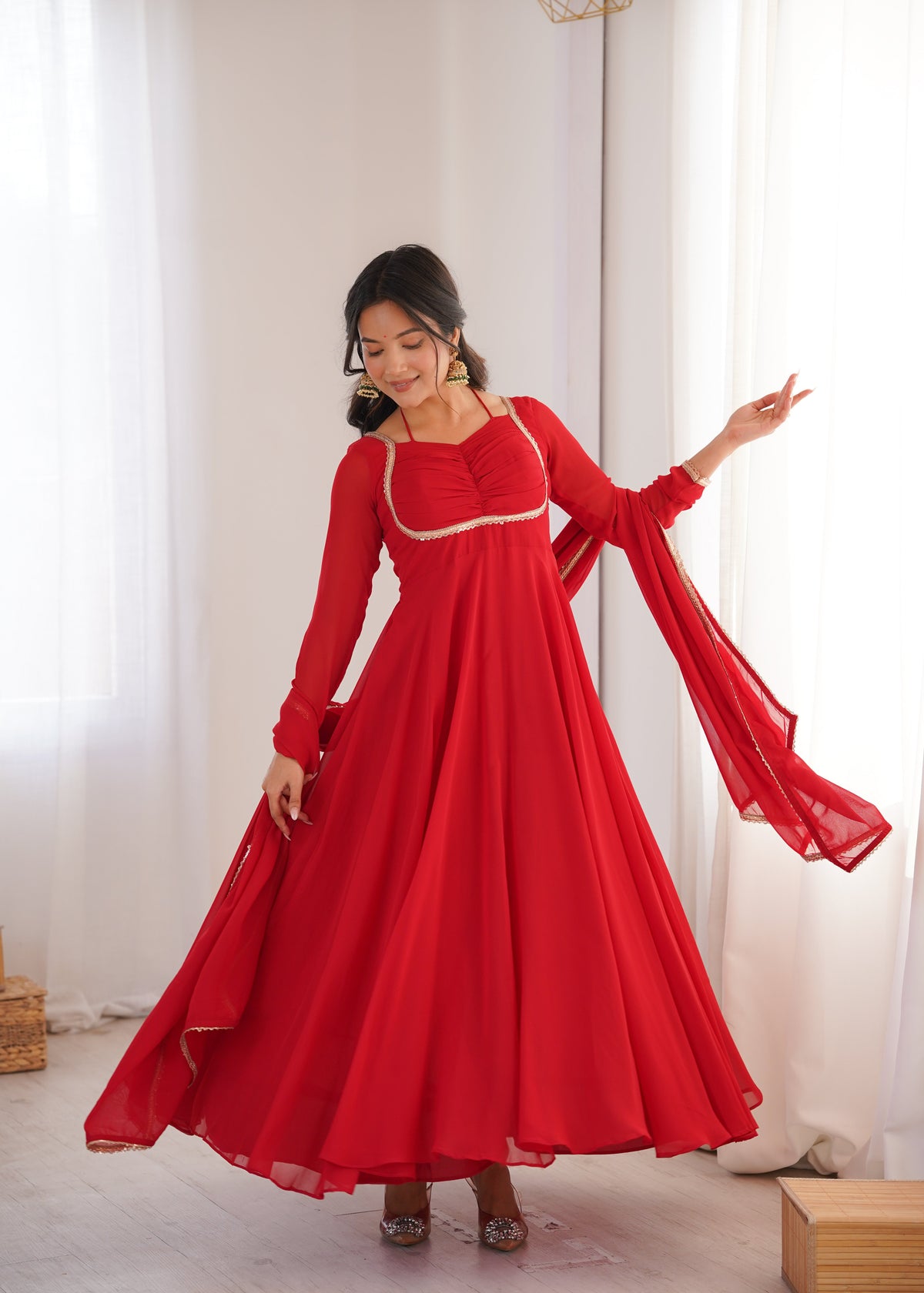 Premium Quality Blue shades And Red Anarkali Suit Set