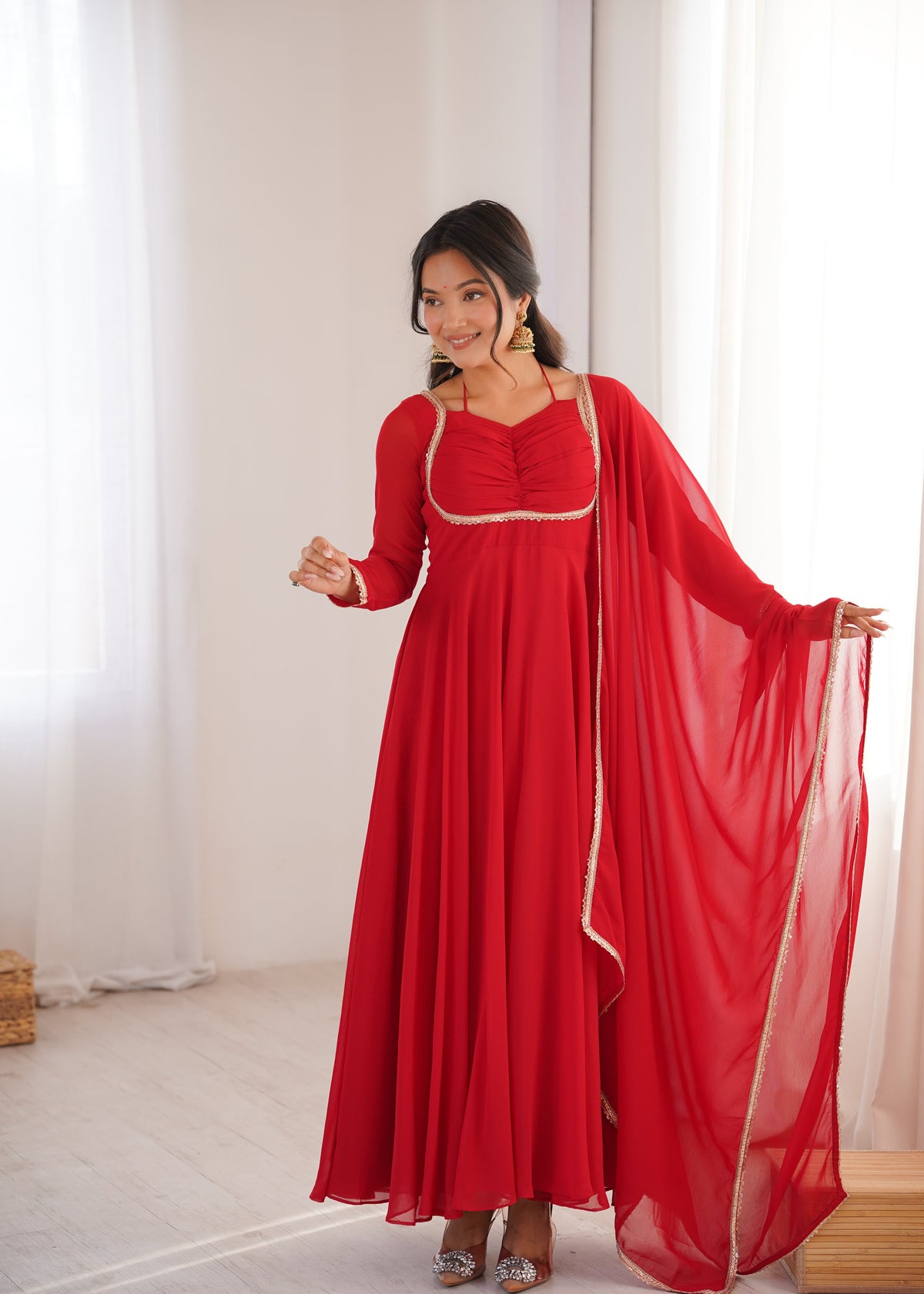 Premium Quality Blue shades And Red Anarkali Suit Set
