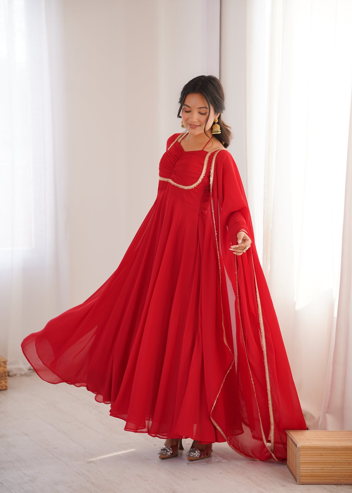 Premium Quality Blue shades And Red Anarkali Suit Set