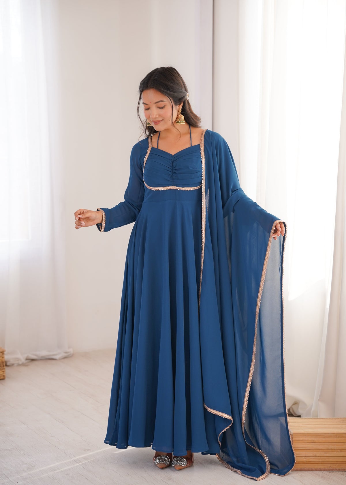 Premium Quality Blue shades And Red Anarkali Suit Set
