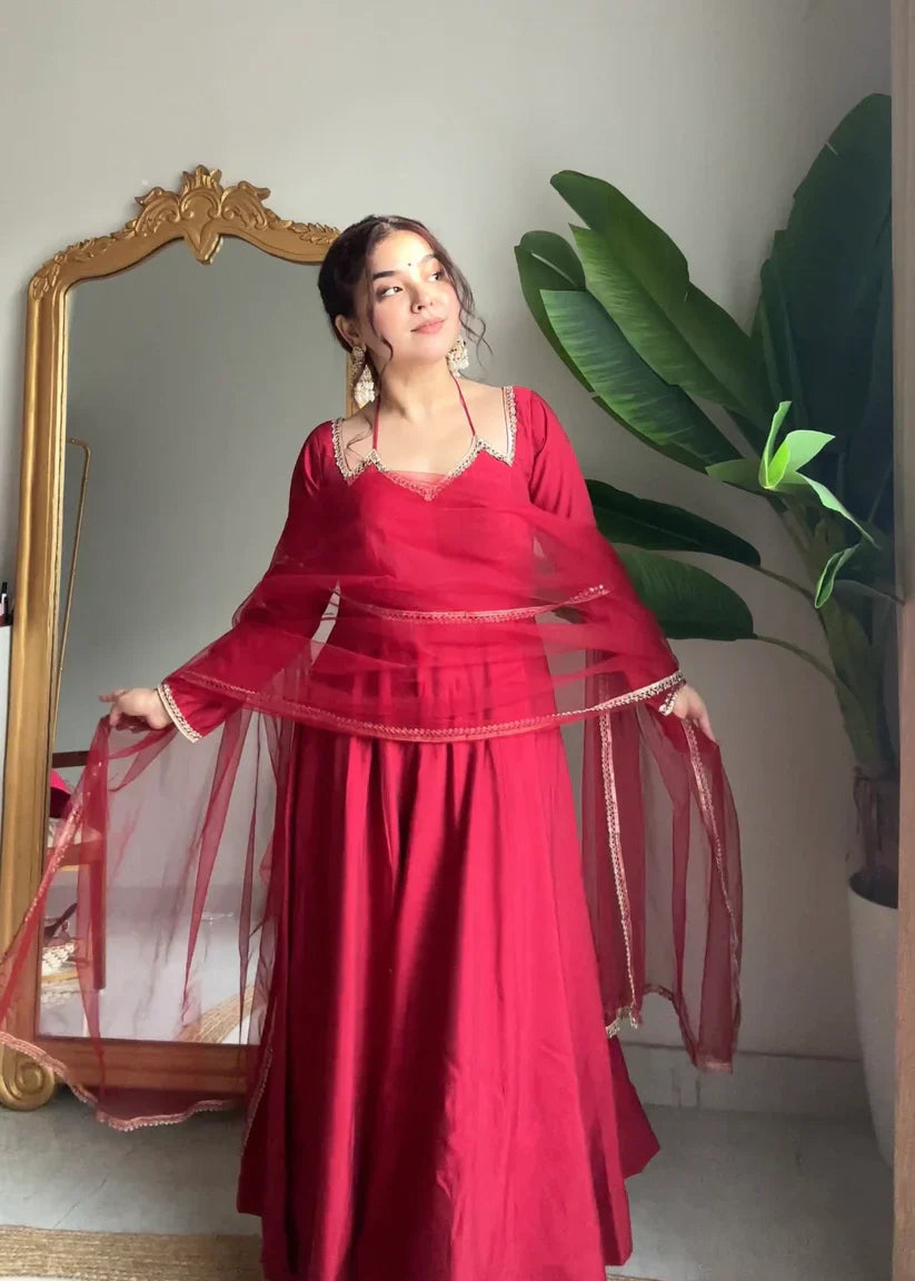 Neha Smooth Roman Silk Fabric Premium Anarkali Suit Set