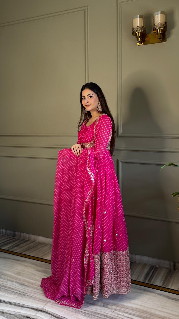 Premium Bandhej Heavy Traditional Koti Anarkali Suit Set