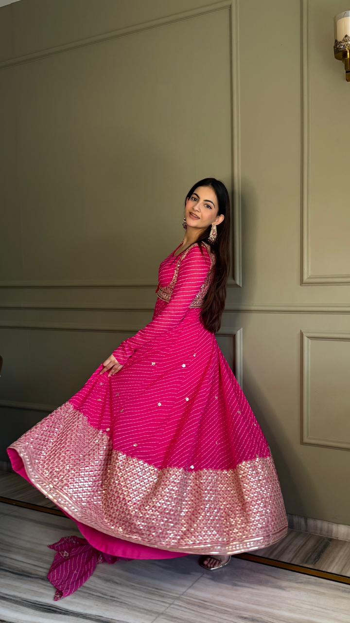 Premium Bandhej Heavy Traditional Koti Anarkali Suit Set