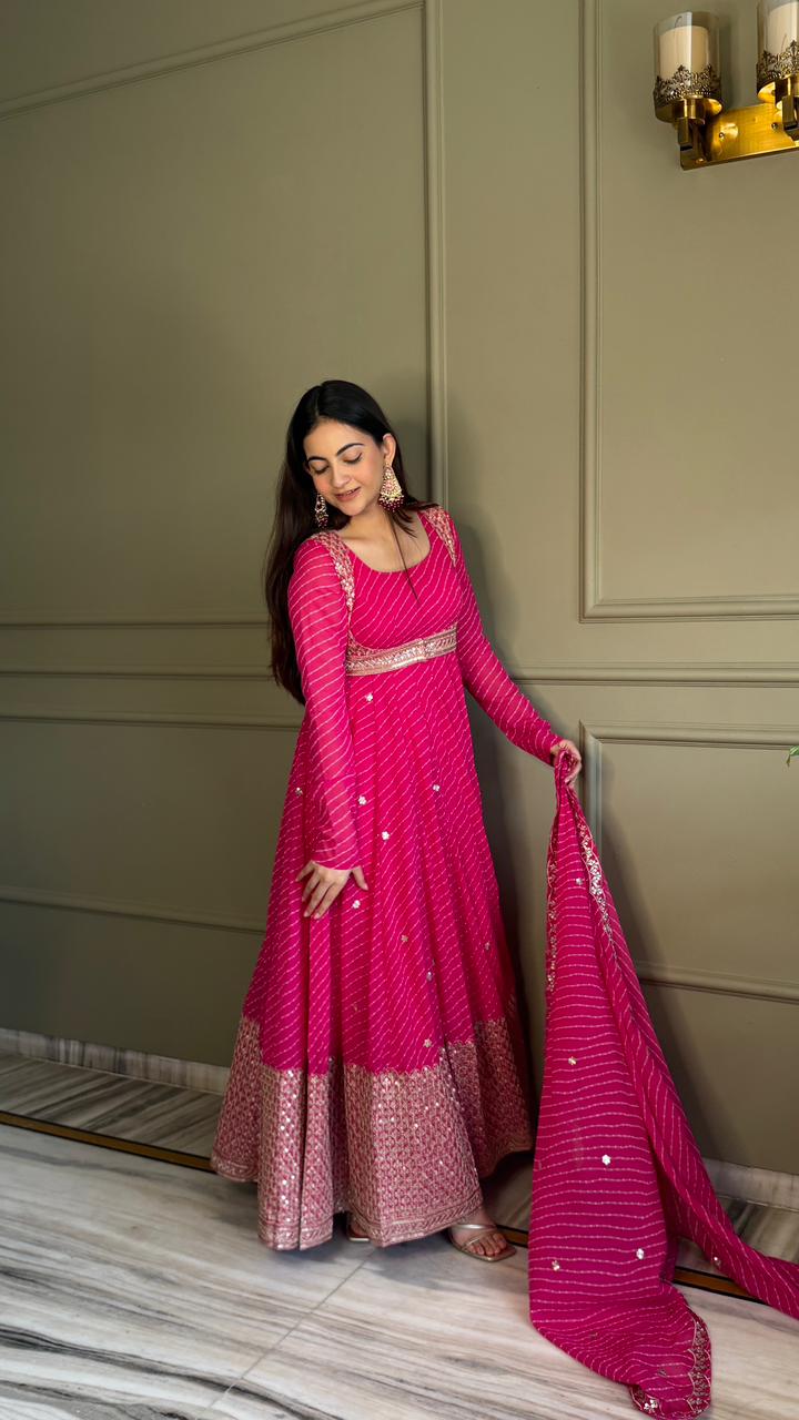Premium Bandhej Heavy Traditional Koti Anarkali Suit Set