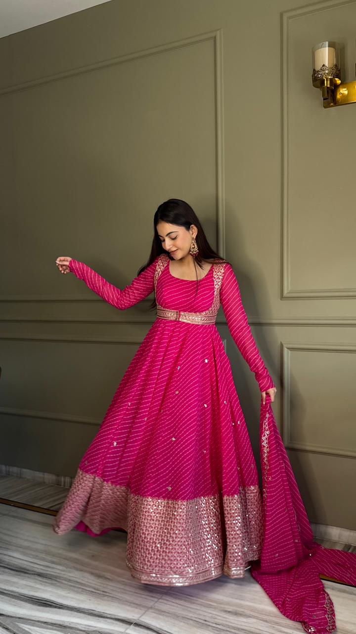 Premium Bandhej Heavy Traditional Koti Anarkali Suit Set