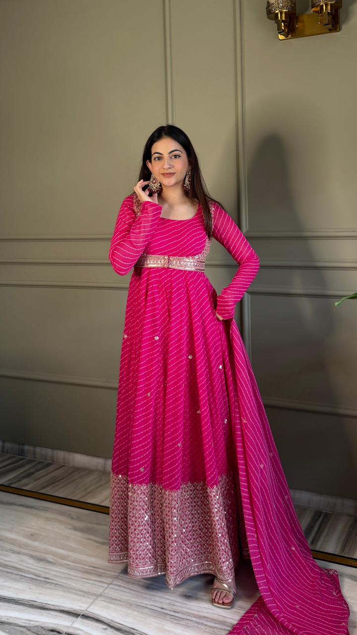Premium Bandhej Heavy Traditional Koti Anarkali Suit Set