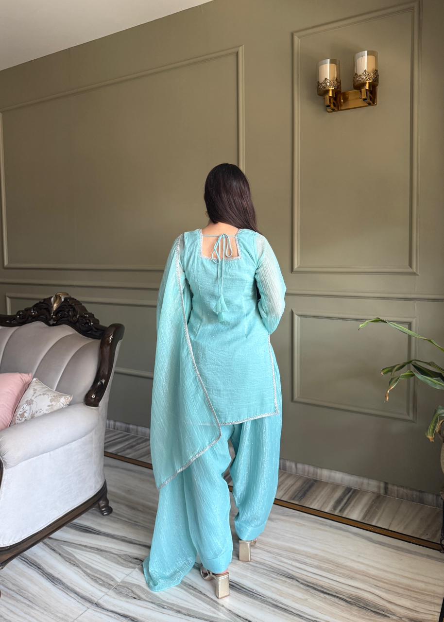 Beautiful Pure Chinon Silk Fabric Straight Fit Kurta, Dupatta With Trouser Set